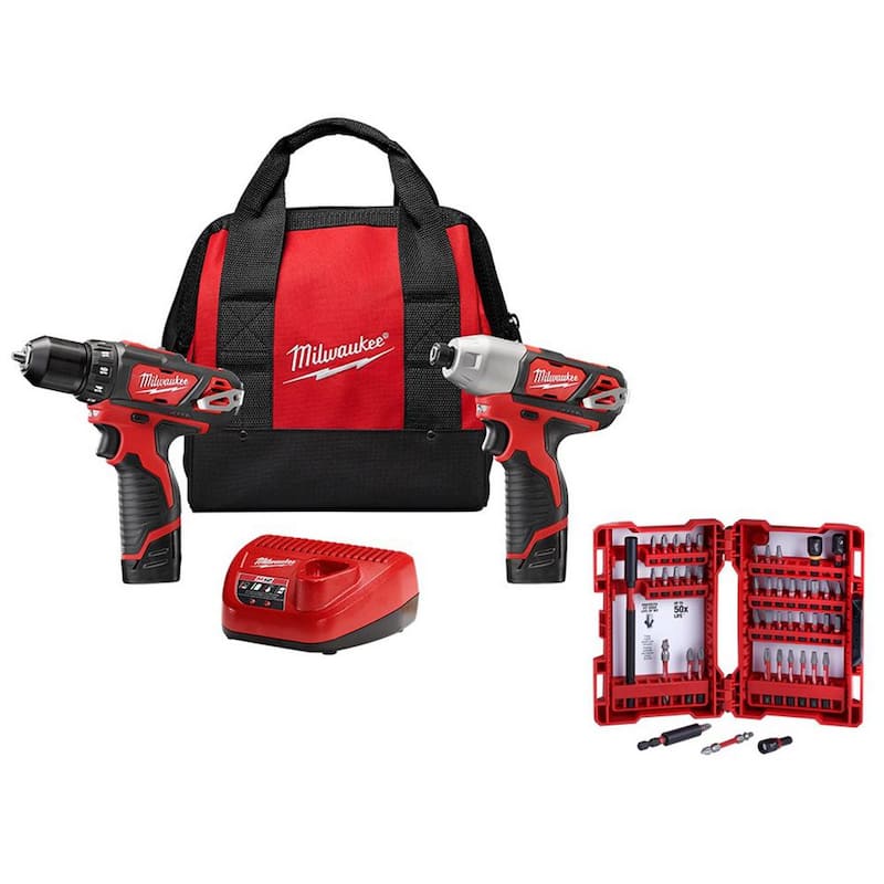 Juego de combo de taladro/destornillador inalámbrico Milwaukee M12 de 12 V de iones de litio (2 herramientas) con juego de puntas SHOCKWAVE (45 piezas) - 2494-22-48-32-4023