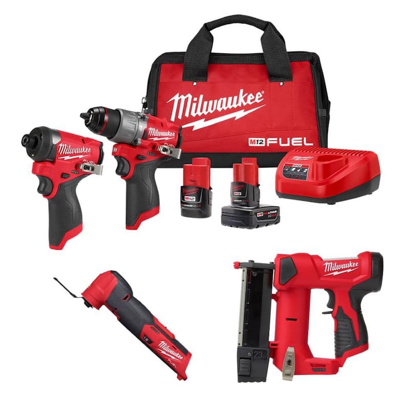 Kit combinado Milwaukee M12 FUEL 12-Volt inalámbrico Taladro percutor e Impact Driver con M12 23-Gauge Pin Nailer y M12 FUEL Multi-Tool - 3497-22-2540-20-2526-20