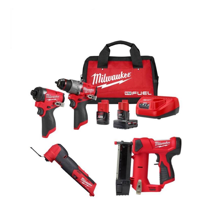 Kit combinado Milwaukee M12 FUEL 12-Volt inalámbrico Taladro percutor e Impact Driver con M12 23-Gauge Pin Nailer y M12 FUEL Multi-Tool - 3497-22-2540-20-2526-20