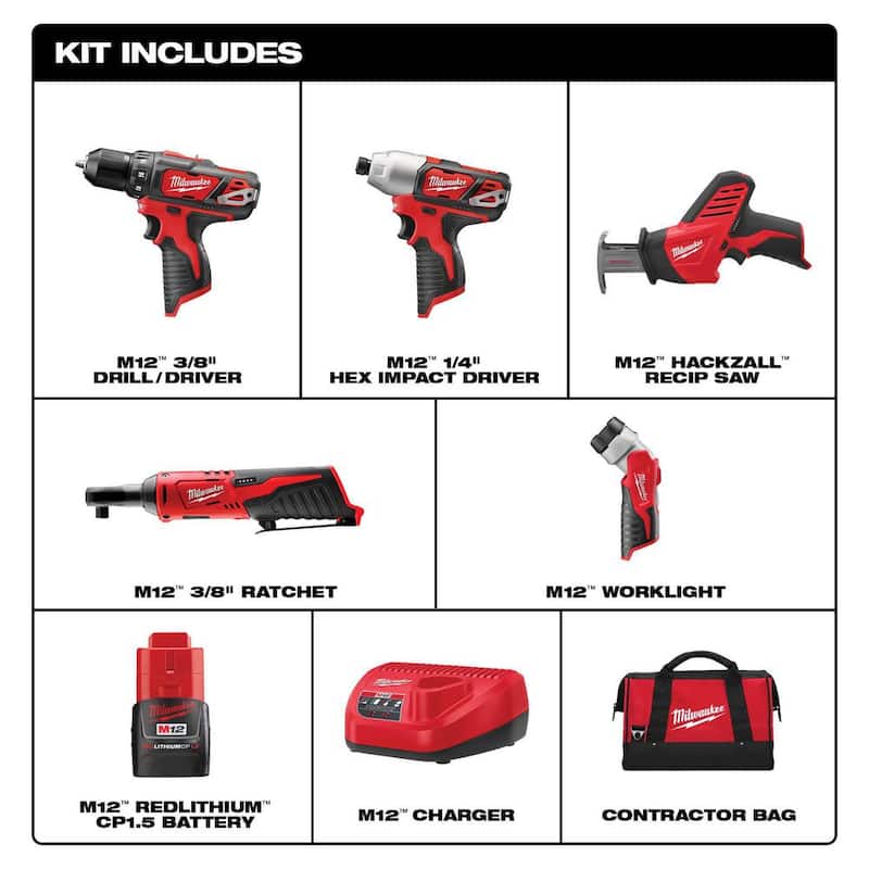 Kit combo inalámbrico de 5 herramientas Milwaukee M12 de 12V de iones de litio con juego de brocas de titanio SHOCKWAVE IMPACT DUTY (23 piezas) - 2498-25H-48-89-4631