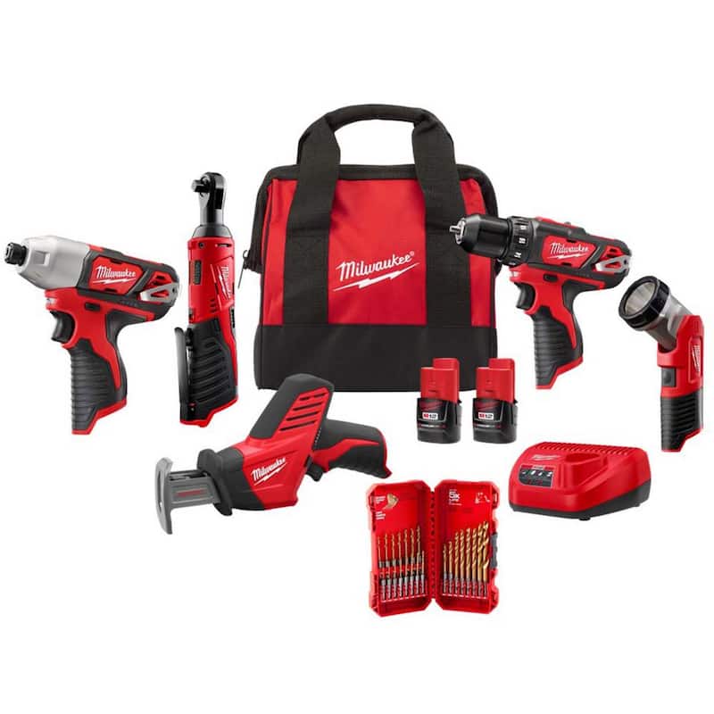 Kit combo inalámbrico de 5 herramientas Milwaukee M12 de 12V de iones de litio con juego de brocas de titanio SHOCKWAVE IMPACT DUTY (23 piezas) - 2498-25H-48-89-4631