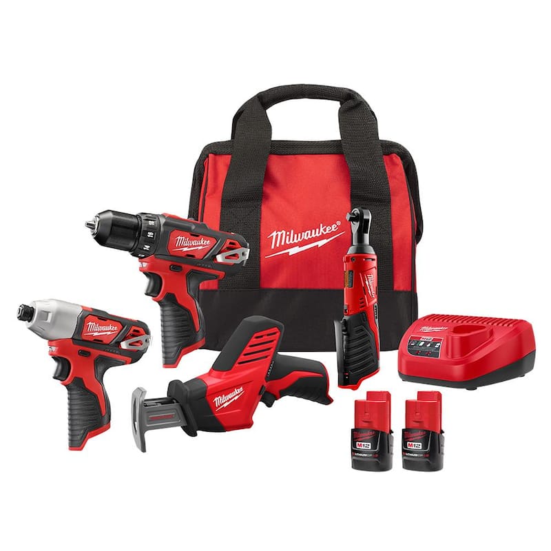 Kit combinado inalámbrico Milwaukee M12 12V de iones de litio (4 herramientas) con (2) baterías de 1.5Ah, (1) cargador, (1) bolsa de herramientas - 2497-24B