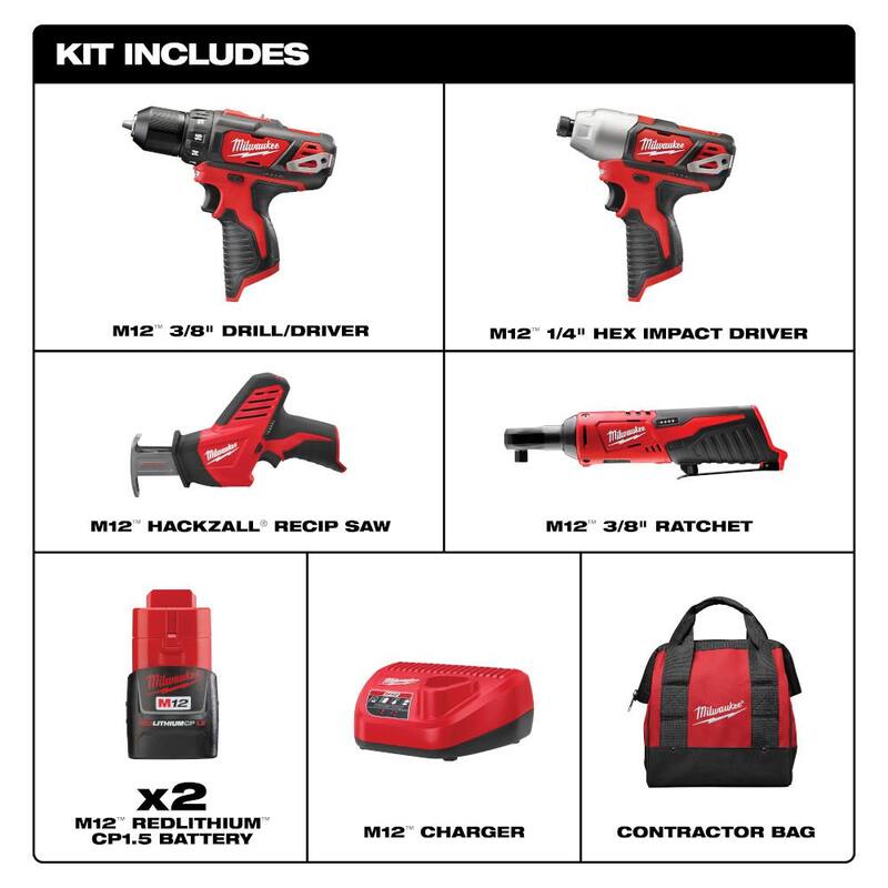 Kit combinado inalámbrico Milwaukee M12 12V de iones de litio (4 herramientas) con (2) baterías de 1.5Ah, (1) cargador, (1) bolsa de herramientas - 2497-24B