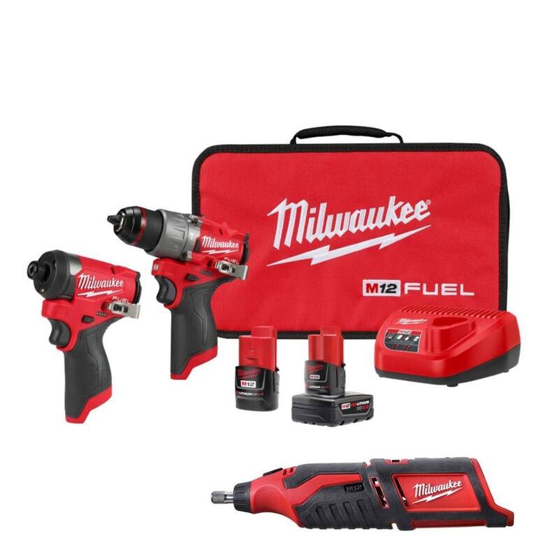 Milwaukee M12 FUEL Kit de combo de taladro de martillo inalámbrico sin escobillas de 12 voltios y destornillador de impacto (2 herramientas) con herramienta rotativa - 3497-22-2460-20