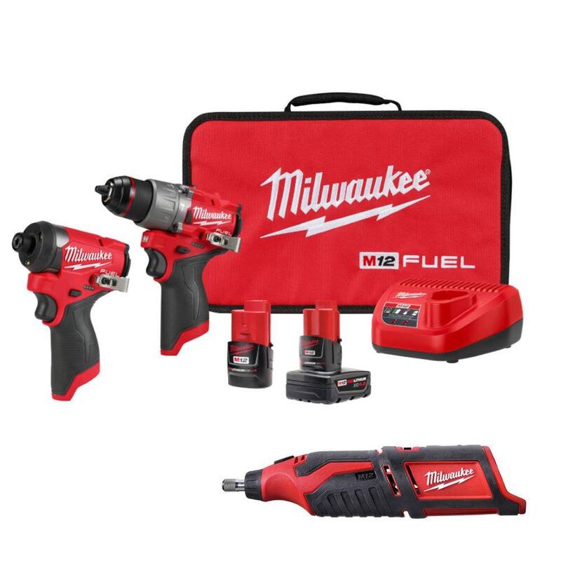 Milwaukee M12 FUEL Kit de combo de taladro de martillo inalámbrico sin escobillas de 12 voltios y destornillador de impacto (2 herramientas) con herramienta rotativa - 3497-22-2460-20