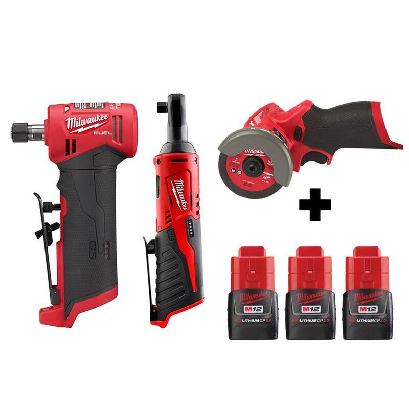 Kit de combo de esmeriladora angular derecha, trinquete y sierra cortada inalámbricos Milwaukee M12 FUEL 12V Ion de litio sin escobillas de 1/4 pulg. - 2485-20-2457-20-2522-20-48-11-2420x2