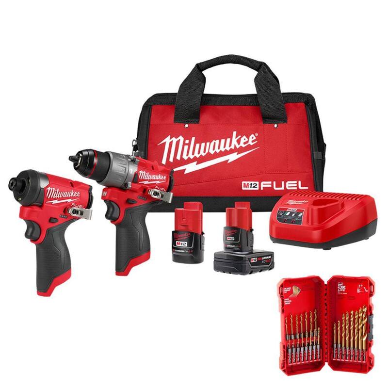 Milwaukee M12 FUEL Combo de Taladro Atornillador de Martillo Inalámbrico de 12 Voltios y Llave de Impacto con Set de Brocas de Titanio para Trabajo de Impacto (23 piezas) - 3497-22-48-89-4631