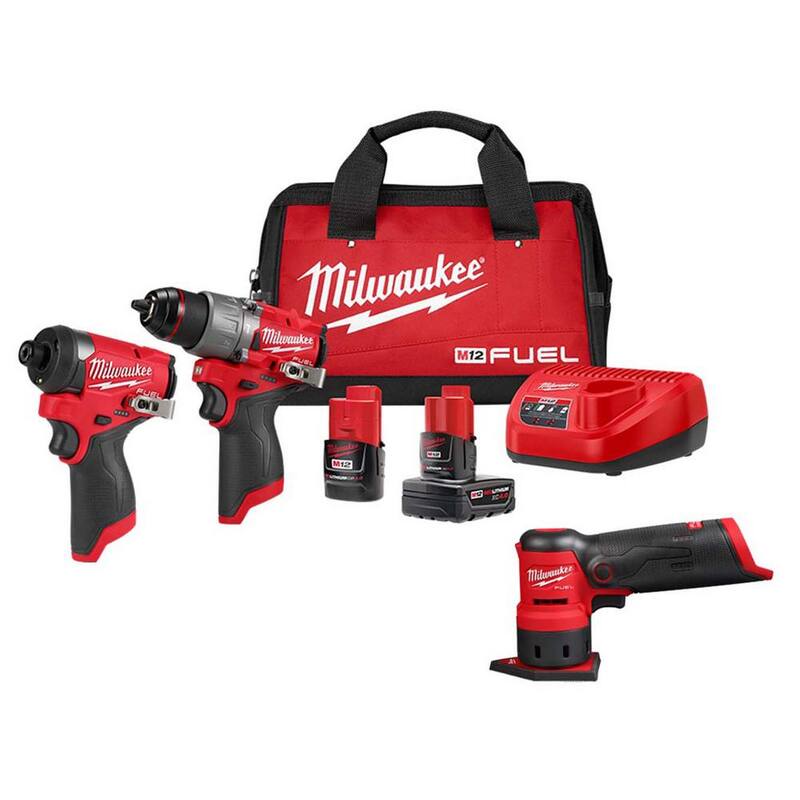Juego combo de taladro percutor inalámbrico sin escobillas Milwaukee M12 FUEL de 12V con ion de litio y destornillador de impacto con lijadora orbital inalámbrica - 3497-22-2531-20.