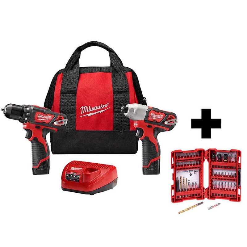 Milwaukee M12 12V Taladro inalámbrico/destornillador de impacto Combo Kit (2 herramientas) con SHOCKWAVE Driver Bit Set (50 piezas) - 2494-22-48-32-4024