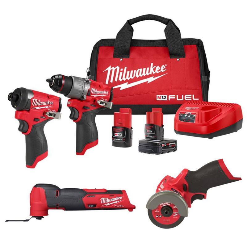 Kit de combo de taladro martillo/destornillador de impacto inalámbrico Milwaukee M12 FUEL de 12 voltios de ion de litio sin escobillas (2 herramientas) con multiherramienta y sierra de corte - 3497-22-2522-20-2526-20