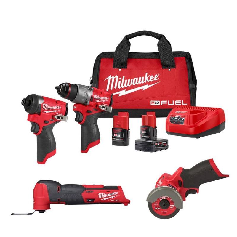 Kit de combo de taladro martillo/destornillador de impacto inalámbrico Milwaukee M12 FUEL de 12 voltios de ion de litio sin escobillas (2 herramientas) con multiherramienta y sierra de corte - 3497-22-2522-20-2526-20