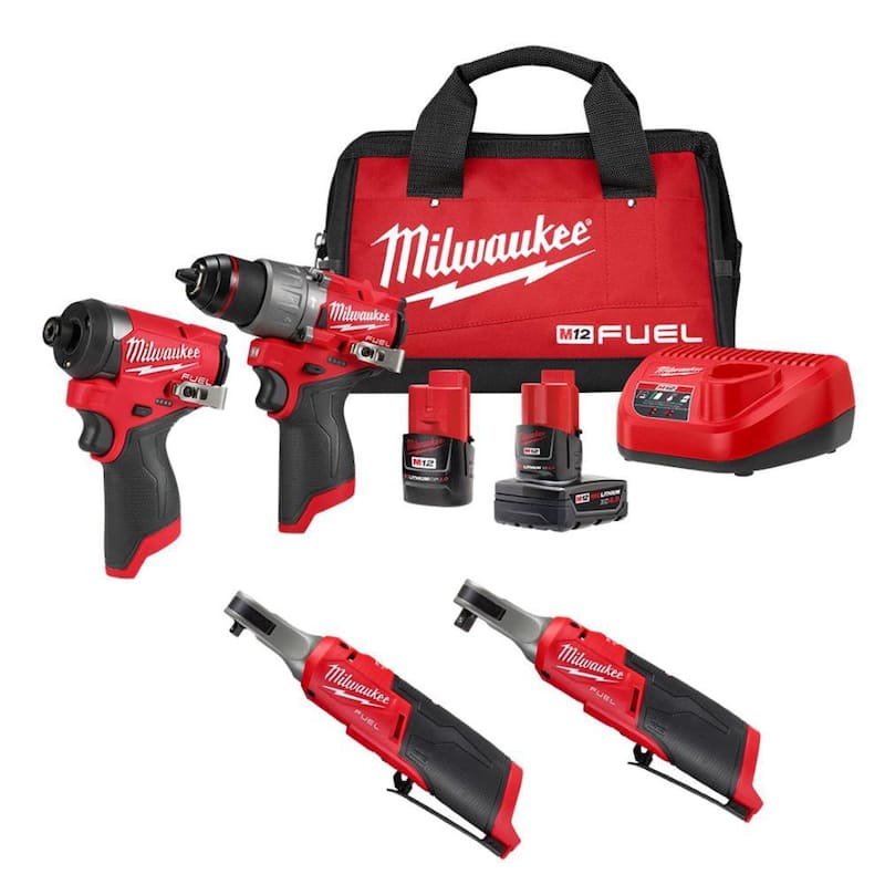 Juego combinado Milwaukee M12 FUEL de taladro de martillo/destornillador de impacto/alargador inalámbrico de iones de litio de 12 volts (3 herramientas) con M12 1/4 in. Llave de trinquete - 3497-22-2567-20-2566-20
