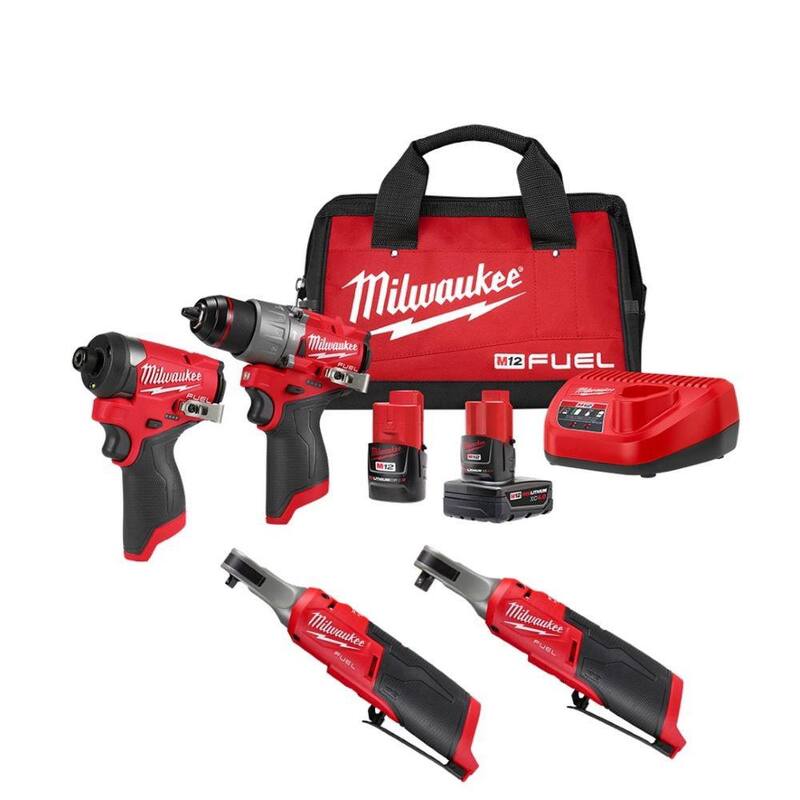 Juego combinado Milwaukee M12 FUEL de taladro de martillo/destornillador de impacto/alargador inalámbrico de iones de litio de 12 volts (3 herramientas) con M12 1/4 in. Llave de trinquete - 3497-22-2567-20-2566-20
