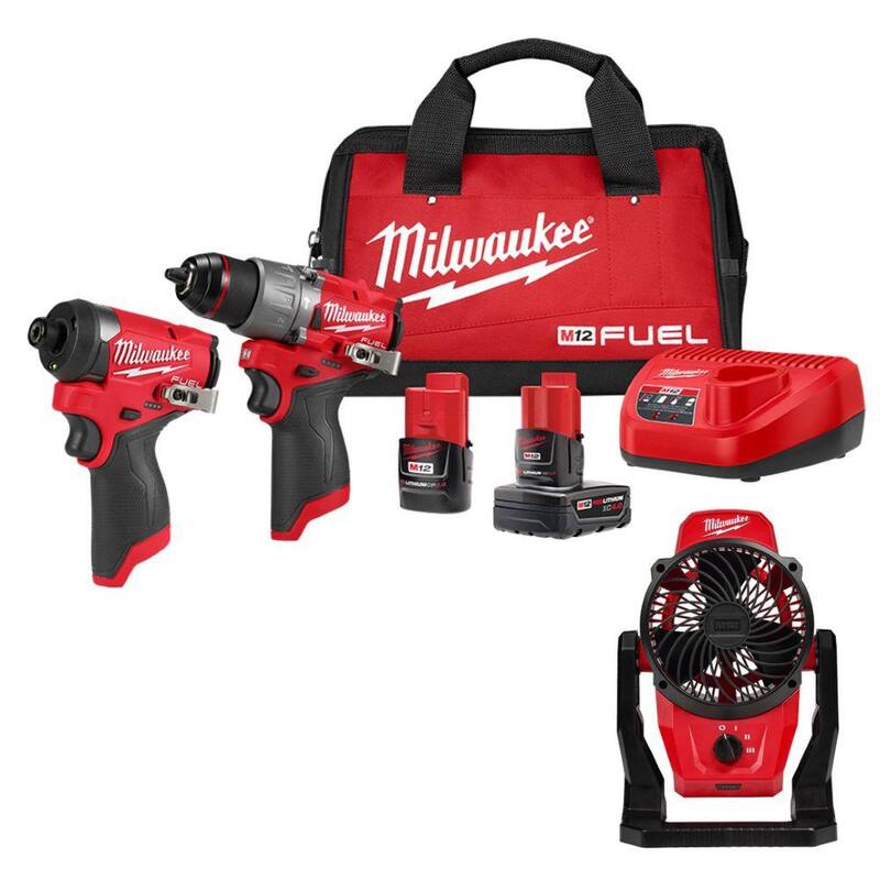 Milwaukee M12 FUEL 12-Volt Lithium-Ion Brushless Cordless Hammer Drill, Impact Driver & M12 Fan Combo Kit con 2 baterías y bolsa - 3497-22-0820-20