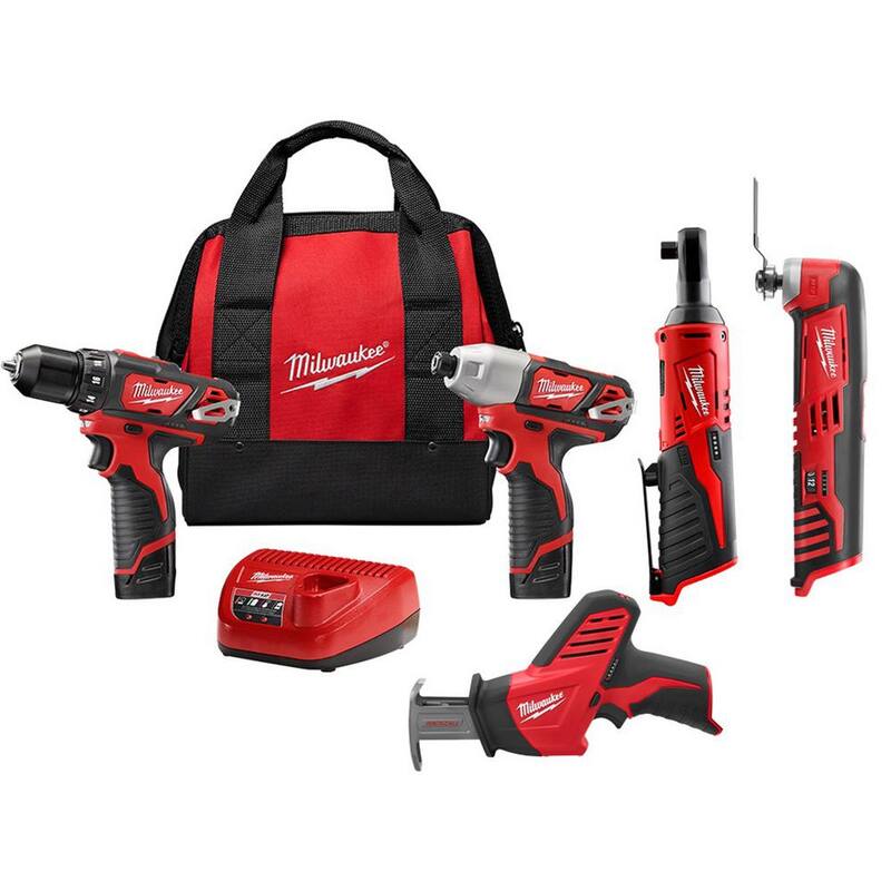 Milwaukee M12 12V Juego de combo inalámbrico de taladro/destornillador de impacto/ratón/HACKZALL sierra de corte/multiherramienta (5 herramientas) - 2494-22-2457-20-2420-20-2426-20