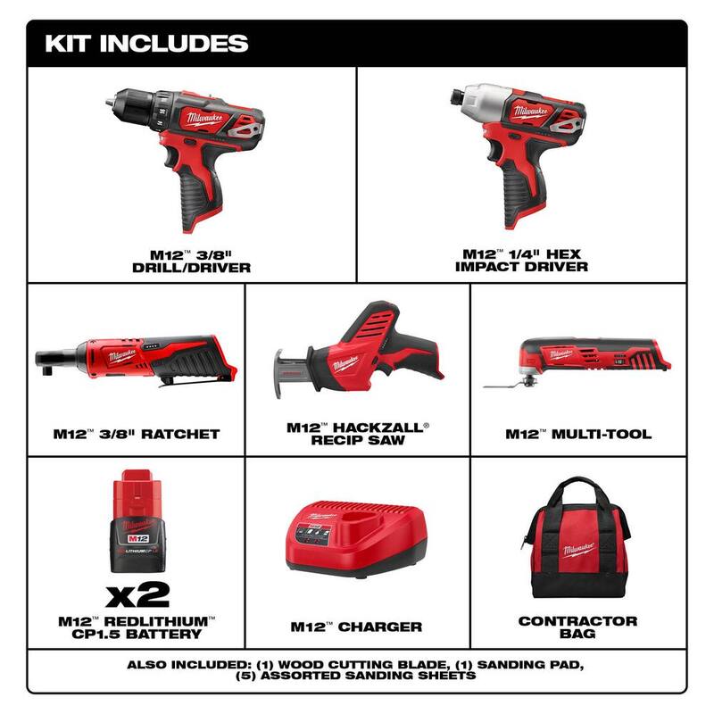 Milwaukee M12 12V Juego de combo inalámbrico de taladro/destornillador de impacto/ratón/HACKZALL sierra de corte/multiherramienta (5 herramientas) - 2494-22-2457-20-2420-20-2426-20