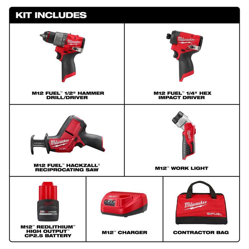 Kit combo inalámbrico sin escobillas de iones de litio de 12 voltios Milwaukee M12 FUEL (4 herramientas) con dos baterías de 2.5ah, cargador y bolsa para herramientas - 3497-24.