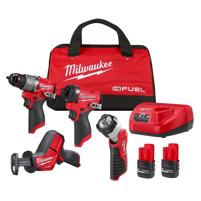 Kit combo inalámbrico sin escobillas de iones de litio de 12 voltios Milwaukee M12 FUEL (4 herramientas) con dos baterías de 2.5ah, cargador y bolsa para herramientas - 3497-24.