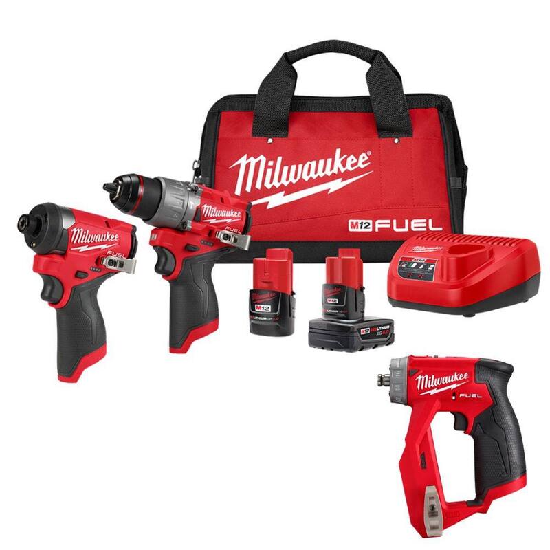 Equipo combo de taladro percutor e impacto inalámbrico de 12 voltios Milwaukee M12 FUEL con taladro/controlador de instalación 4 en 1 M12 FUEL de 3/8 de pulgada - 3497-22-2505-20.