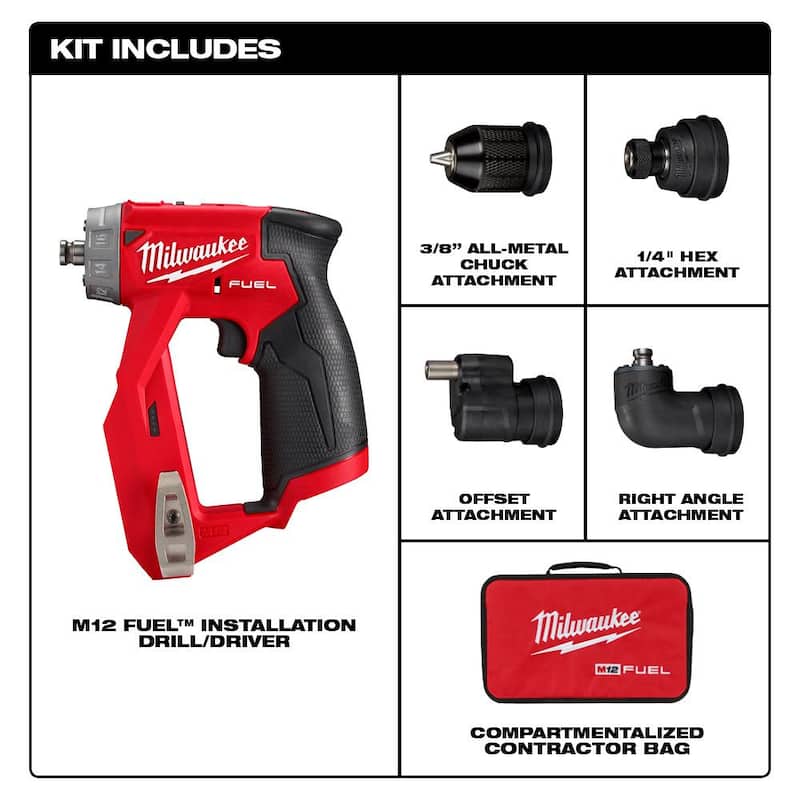 Equipo combo de taladro percutor e impacto inalámbrico de 12 voltios Milwaukee M12 FUEL con taladro/controlador de instalación 4 en 1 M12 FUEL de 3/8 de pulgada - 3497-22-2505-20.