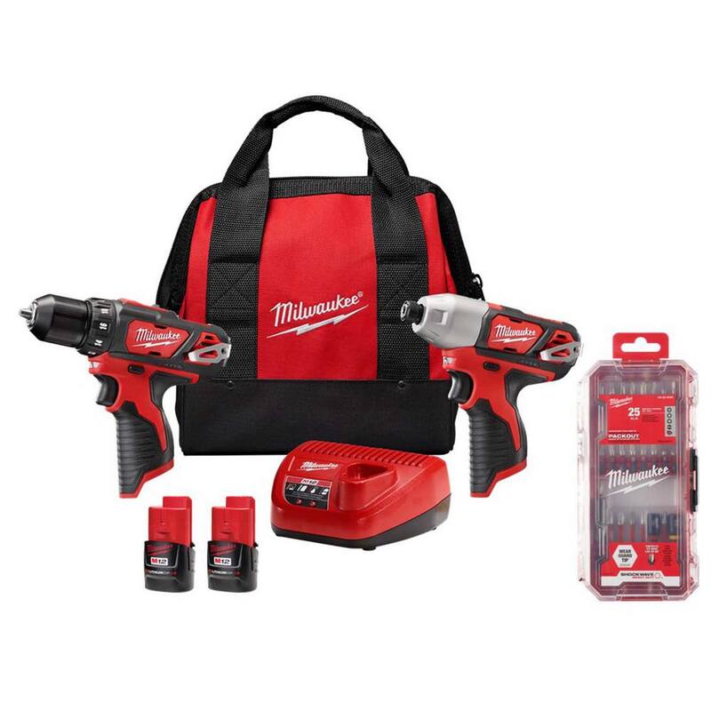 Milwaukee M12 Juego de Combinación de 2 Herramientas Inalámbricas de Iones de Litio de 12 Voltios con Set de Puntas de Destornillador de Acero Aleado SHOCKWAVE Impact Duty (25 Piezas) - 2494-22-48-32-4095