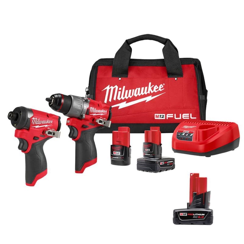 Ensamble de Combinación de Taladro Martillo Inalámbrico Brushless y Herramienta de Impacto de Ion de Litio de 12 Voltios Milwaukee M12 FUEL (2 Herramientas) con Batería de 6.0Ah - 3497-22-48-11-2460