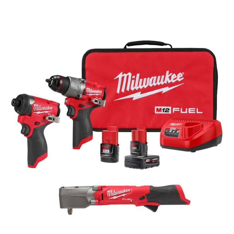 Juego de combo de taladro de martillo/impacto inalámbrico sin escobillas de 12 voltios Milwaukee M12 FUEL con llave de impacto angular derecha - 3497-22-2564-20