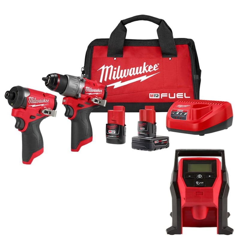 Kit combinado de taladro percutor e impacto inalámbricos sin escobillas Milwaukee M12 FUEL de 12 voltios de iones de litio (2 herramientas) con inflador compacto.