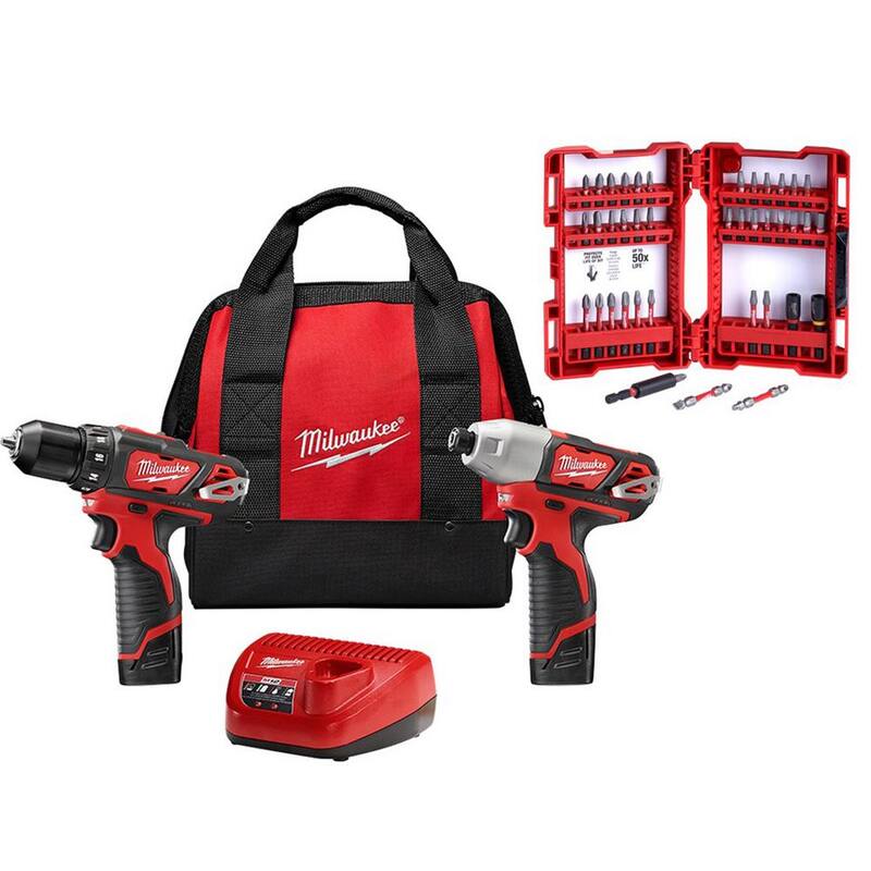 Juego Combo de Taladro/Atornillador Inalámbrico de 12V de Ion de Litio Milwaukee M12 (2 herramientas) con Set de Puntas para Atornillador de Impacto (40 piezas) - 2494-22-48-32-4022