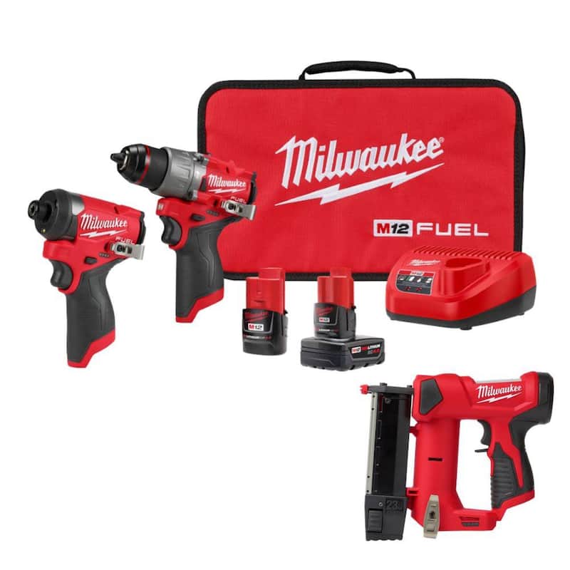 Milwaukee M12 FUEL Juego de combo inalámbrico de martillo taladro y atornillador de impacto de 12 voltios con clavadora de clavos inalámbrica de 23 calibres M12 de iones de litio - 3497-22-2540-20