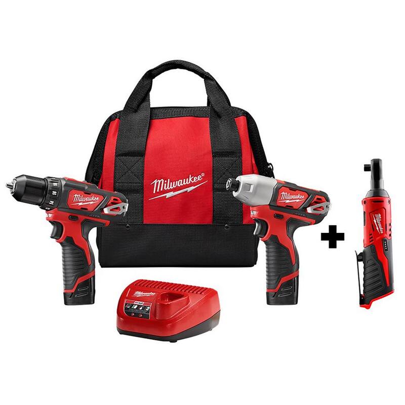 Conjunto de herramientas inalámbricas Milwaukee M12 12V de ion de litio, taladro atornillador, destornillador de impacto y trinquete (3 herramientas) - 2494-22-2457-20