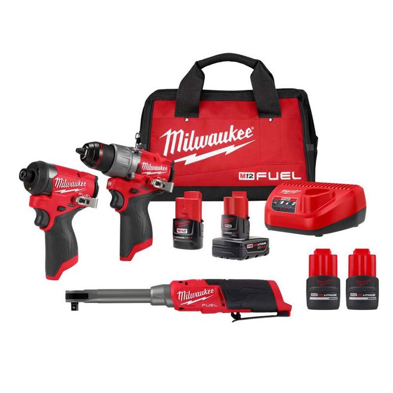 Juego de combo inalámbrico de 2 herramientas Milwaukee M12 FUEL 12V con trinquete de alta velocidad M12 FUEL 3/8 pulgadas de alcance extendido y (2) baterías HO 2.5 Ah - 3497-22-2569-20-48-11-2425-48-11-2425.