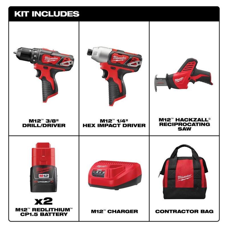 Juego de herramientas inalámbricas Milwaukee M12 12V de iones de litio (3 herramientas) con (2) baterías de 1.5Ah, (1) cargador, (1) bolsa para herramientas - 2498-23
