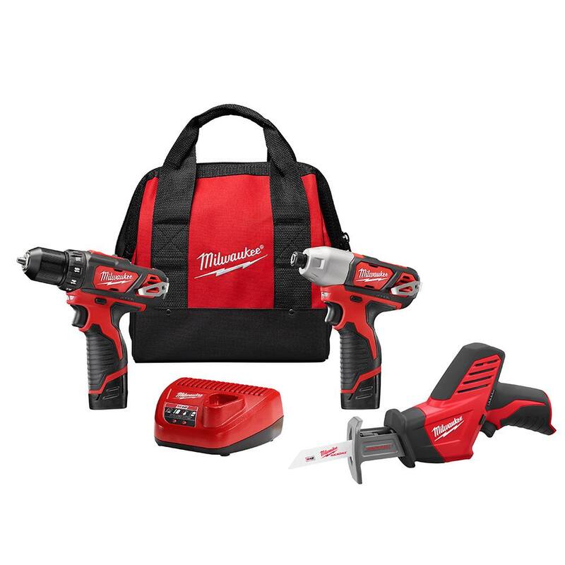Juego de herramientas inalámbricas Milwaukee M12 12V de iones de litio (3 herramientas) con (2) baterías de 1.5Ah, (1) cargador, (1) bolsa para herramientas - 2498-23