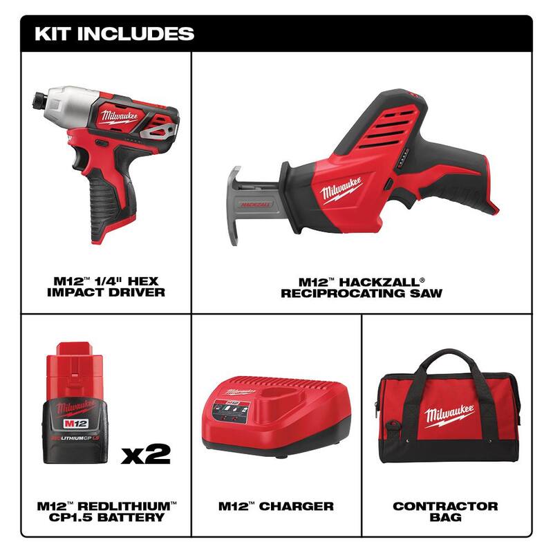 Juego combo Milwaukee M12 12V Inalámbrico de Impacto de Iones de Litio/HACKZALL (2 Herramientas) con Dos Baterías de 1.5 Ah, Cargador, Bolsa para Herramientas - 2491-22