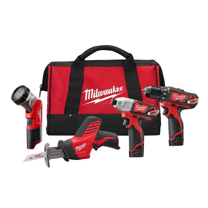 Kit de herramientas inalámbricas combo Milwaukee M12 12V de iones de litio con dos baterías de 1.5 Ah, 1 cargador, 1 bolsa para herramientas (4 herramientas) - 2498-24
