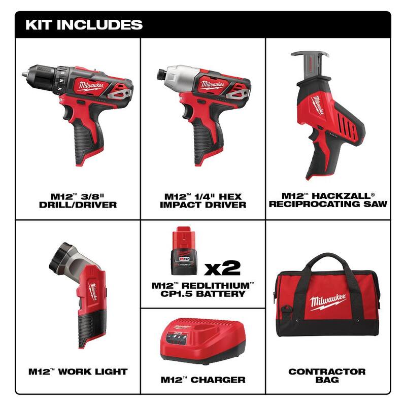 Kit de herramientas inalámbricas combo Milwaukee M12 12V de iones de litio con dos baterías de 1.5 Ah, 1 cargador, 1 bolsa para herramientas (4 herramientas) - 2498-24