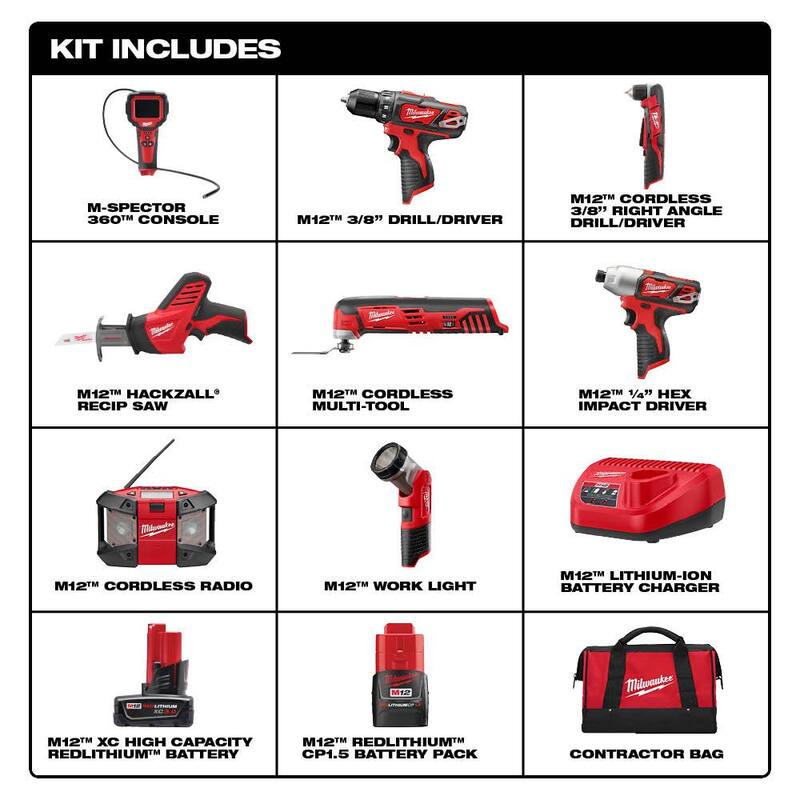 Kit de herramientas inalámbricas combo Milwaukee M12 12V de iones de litio (8 herramientas) con (2) baterías de 1.5Ah y (1) de 3.0Ah, (1) cargador, (1) bolsa de herramientas - 2495-28