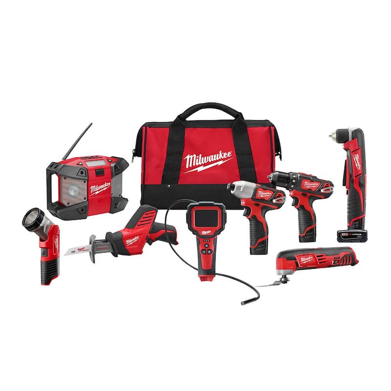Kit de herramientas inalámbricas combo Milwaukee M12 12V de iones de litio (8 herramientas) con (2) baterías de 1.5Ah y (1) de 3.0Ah, (1) cargador, (1) bolsa de herramientas - 2495-28
