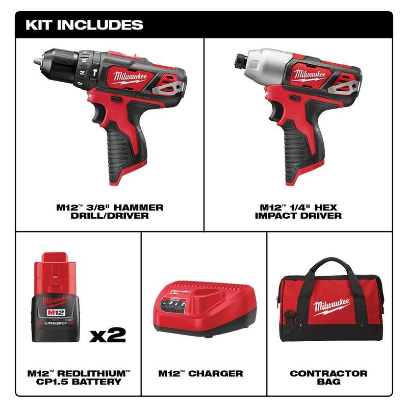 Juego combo de taladro percutor e impacto inalámbrico Milwaukee M12 12V de iones de litio (2 herramientas) con (2) baterías de 1.5Ah, cargador y estuche - 2497-22