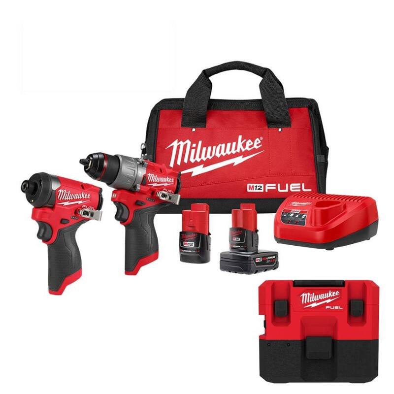 Milwaukee M12 FUEL Kit de Combo de Taladro de Martillo / Destornillador de Impacto sin Escobillas de Iones de Litio de 12 Voltios con Aspiradora Húmeda/Seca de 1.6 Gal. M12 FUEL - 3497-22-0960-20