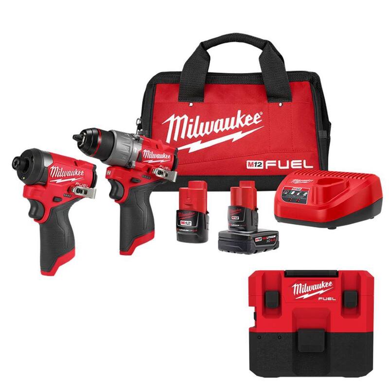 Milwaukee M12 FUEL Kit de Combo de Taladro de Martillo / Destornillador de Impacto sin Escobillas de Iones de Litio de 12 Voltios con Aspiradora Húmeda/Seca de 1.6 Gal. M12 FUEL - 3497-22-0960-20