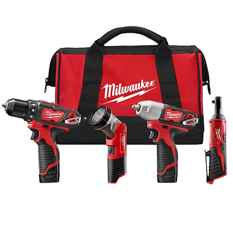 Juego de herramientas inalámbricas Milwaukee M12 12V de iones de litio con 4 herramientas, (2) baterías de 1.5 Ah, (1) cargador y (1) bolsa para herramientas - 2493-24