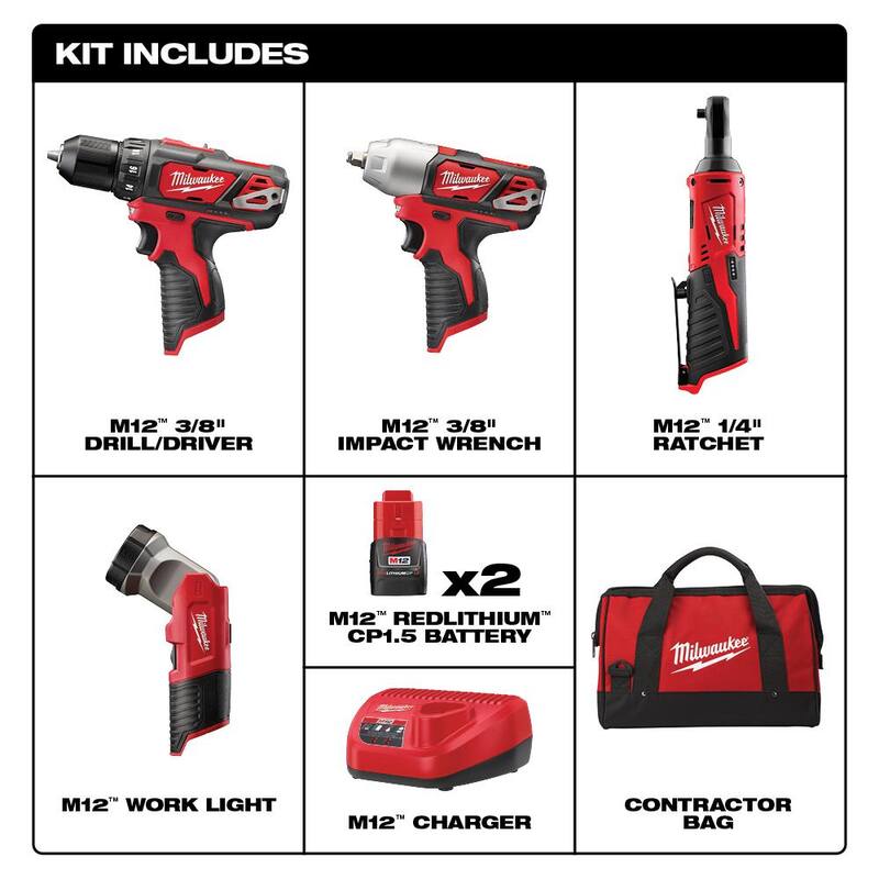 Juego de herramientas inalámbricas Milwaukee M12 12V de iones de litio con 4 herramientas, (2) baterías de 1.5 Ah, (1) cargador y (1) bolsa para herramientas - 2493-24