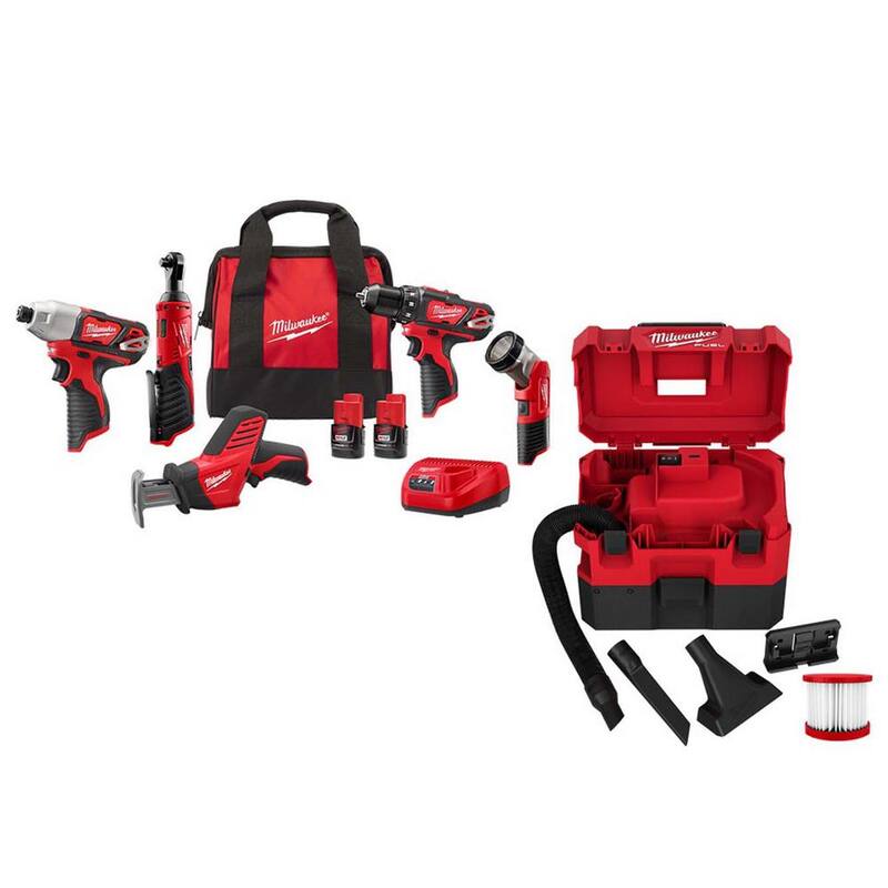 Juego de combo inalámbrico con baterías de 12V Li-Ion (5 herramientas), dos baterías de 1.5Ah, cargador y bolsa de herramientas Milwaukee M12. Aspiradora húmeda/seca M12 FUEL de 1.6 galones - 2498-25-0960-20.