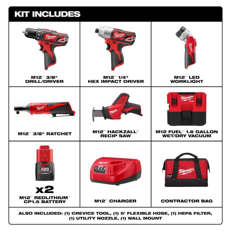 Juego de combo inalámbrico con baterías de 12V Li-Ion (5 herramientas), dos baterías de 1.5Ah, cargador y bolsa de herramientas Milwaukee M12. Aspiradora húmeda/seca M12 FUEL de 1.6 galones - 2498-25-0960-20.