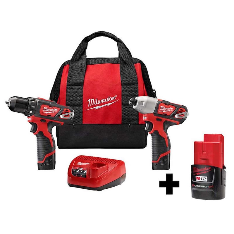 Milwaukee M12 12V Taladro inalámbrico de iones de litio/Conjunto de Combo de Impacto (2 herramientas) con Batería Compacta M12 2.0Ah - 2494-22-48-11-2420