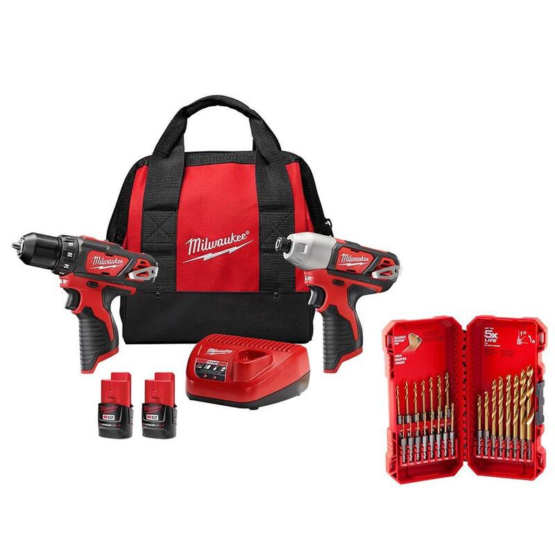 Juego combo de taladro y destornillador inalámbricos Milwaukee M12 de 12V de iones de litio (2 herramientas) con set de brocas de titanio (23 piezas) - 2494-22-48-89-4631