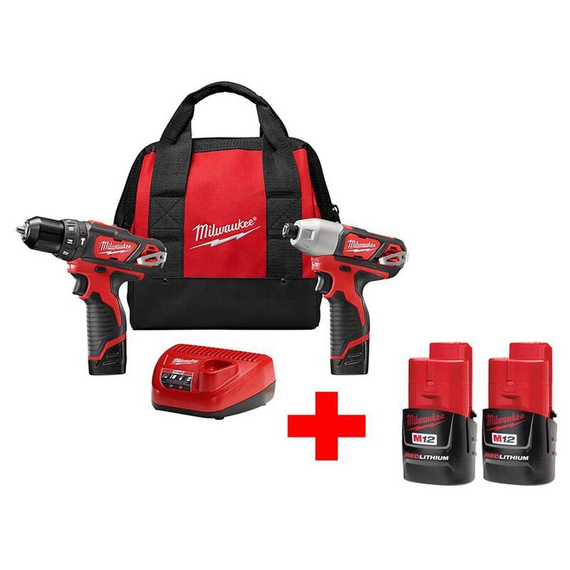Milwaukee M12 12V Juego de combo inalámbrico de taladro martillo/destornillador de impacto de iones de litio con paquete de batería M12 1.5 Ah (paquete de 2) - 2497-22-48-11-2411