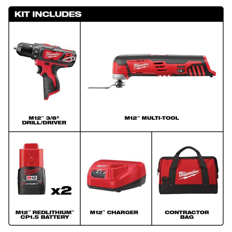 Milwaukee M12 12V Taladro inalámbrico de iones de litio/Kit Combo de herramienta múltiple (2 herramientas) con (2) baterías de 1.5 Ah y bolsa de herramientas - 2495-22